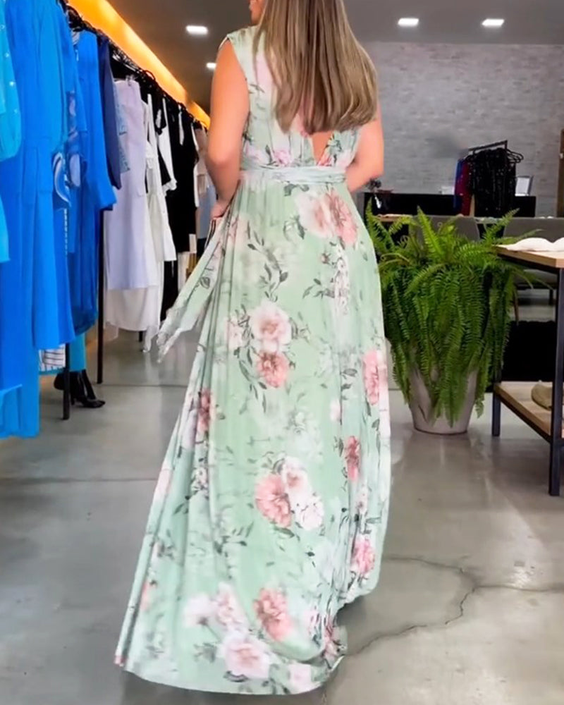 Gia - Sleeveless Floral Split Hem Long Dress