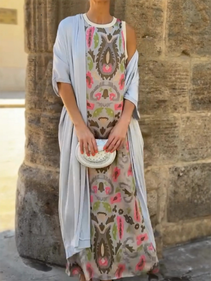 Women's Printed Satin Cardigan Dress Two-Piece Set