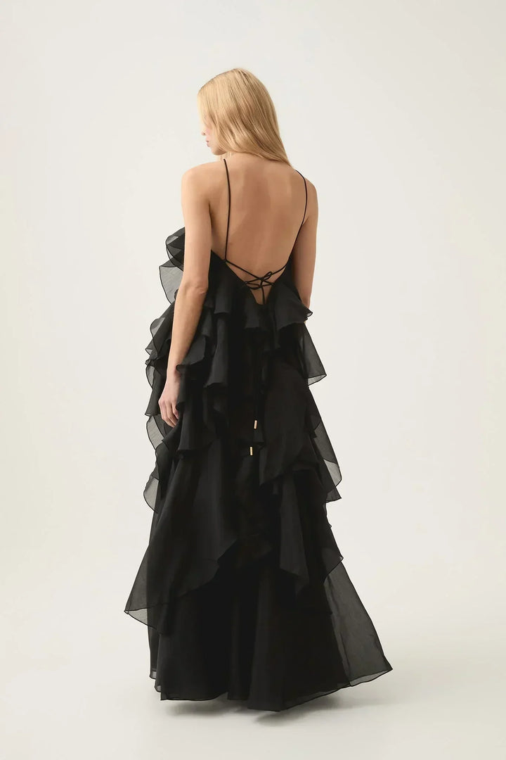 Nephele - Long Halter Ruffle Cocktail Dress