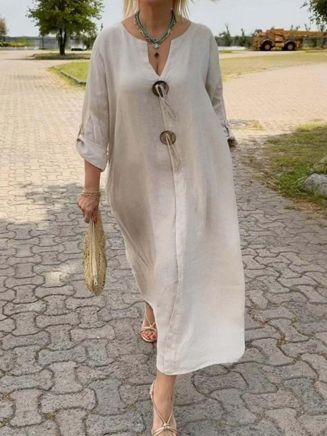 Women's V-Neck Button Detail Imported Cotton Linen Pocket Dress