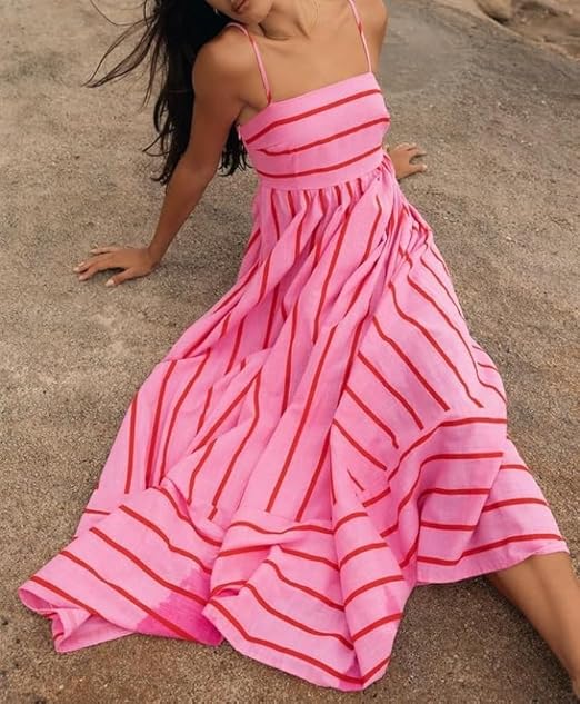 Elsie - Women’s Slash Neck Stripe Slip Maxi Dress