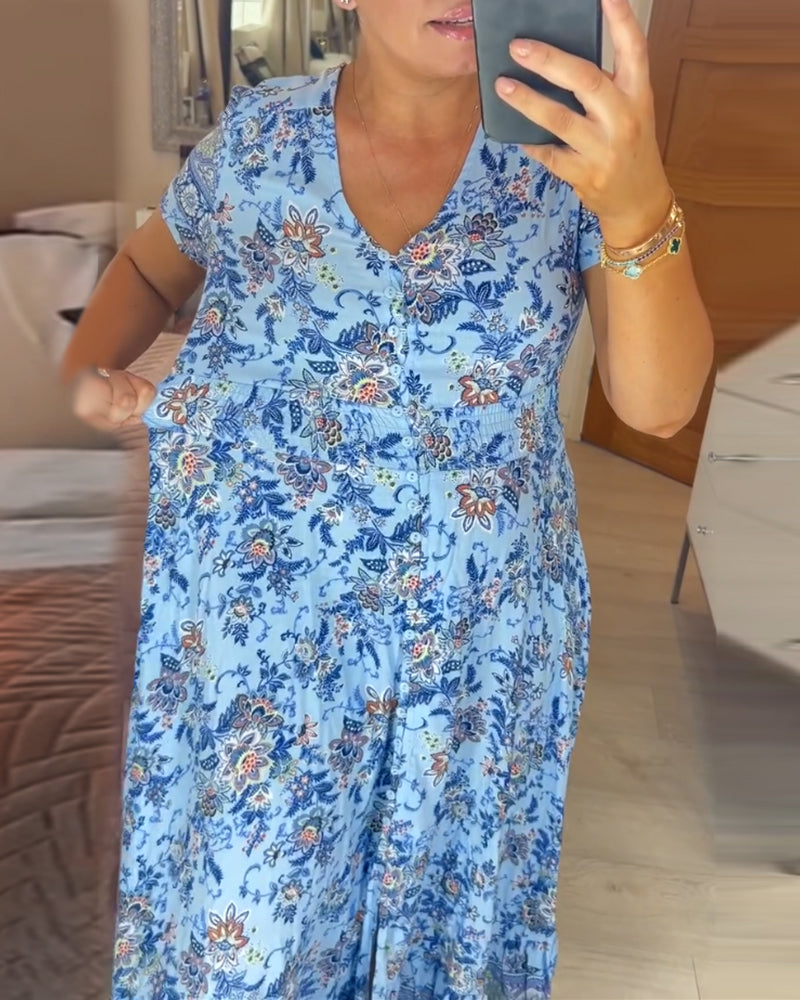 Ellie - Elegant Floral V-Neck Pleated Hem Dress