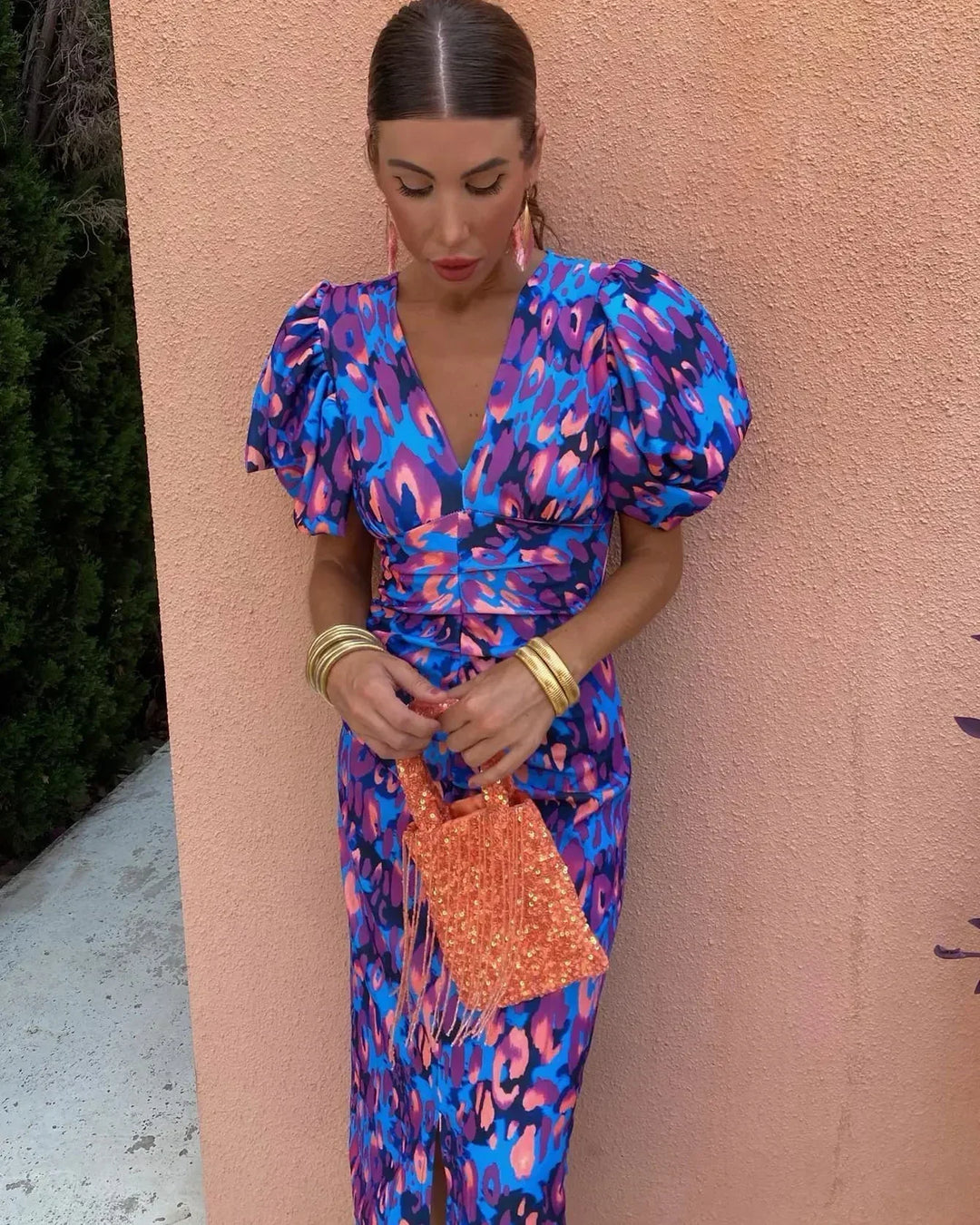 Marina | Elegant V-Neck Puff Sleeve Dress