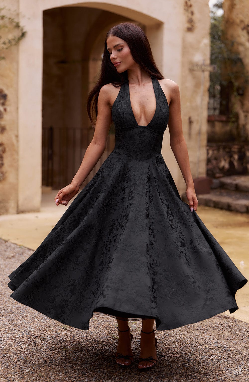 Renata - Jacquard Lace-Up Waist Maxi